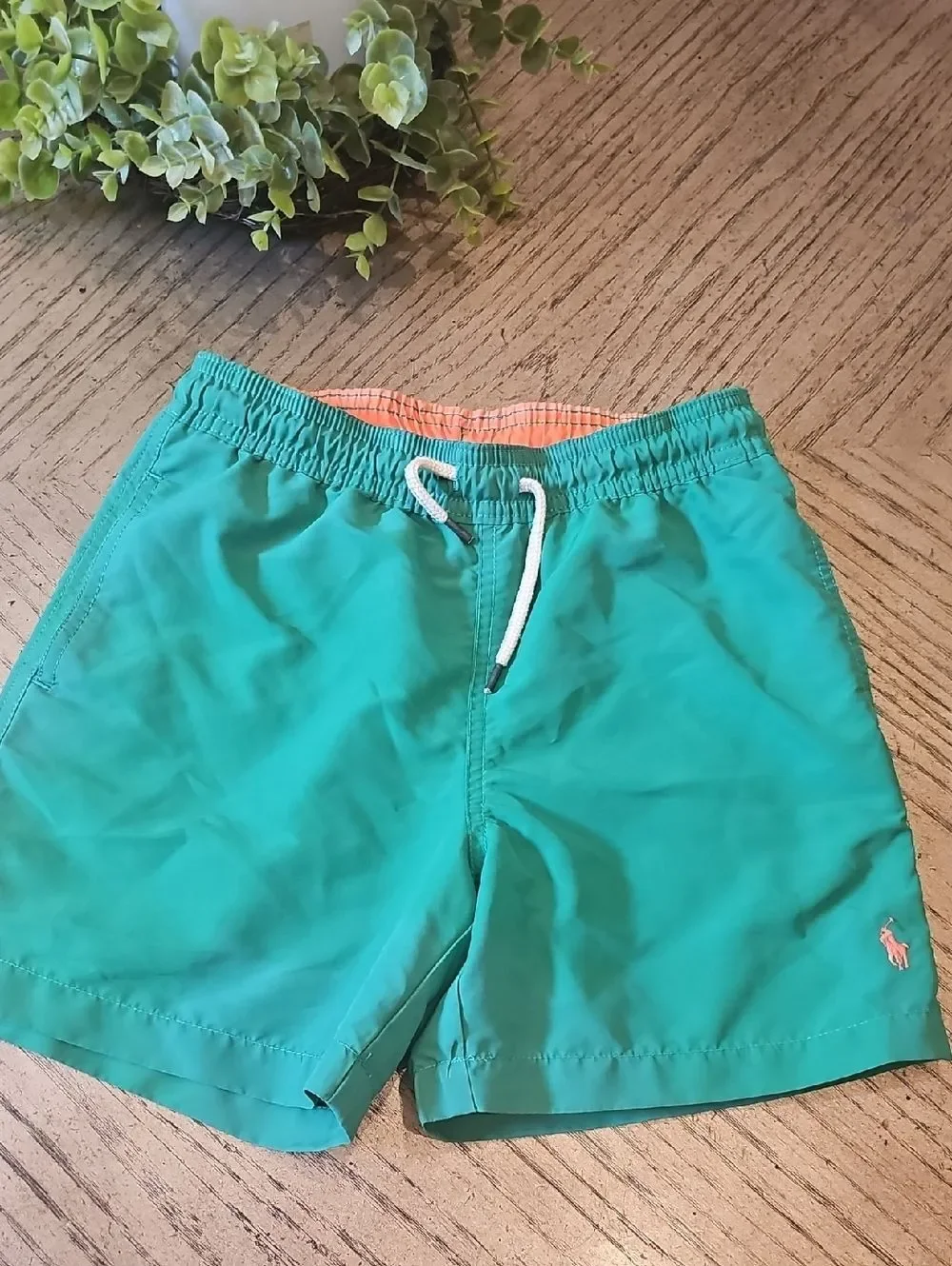 Polo by Ralph Lauren Green Swim Trunks with Coral Lining Size 7